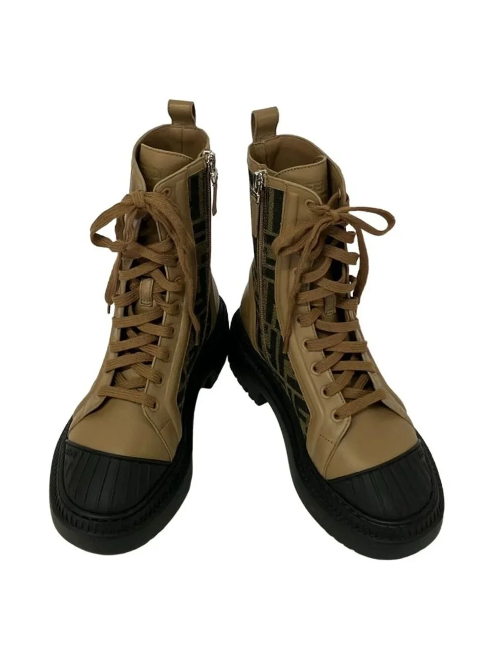 Fendi Short Boots 36 Khaki Light Brown Black Zucca Pattern Leather